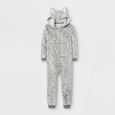 Girls' Leopard Print Hooded Union Suit Pajamas Cat & Jack Cream Gray